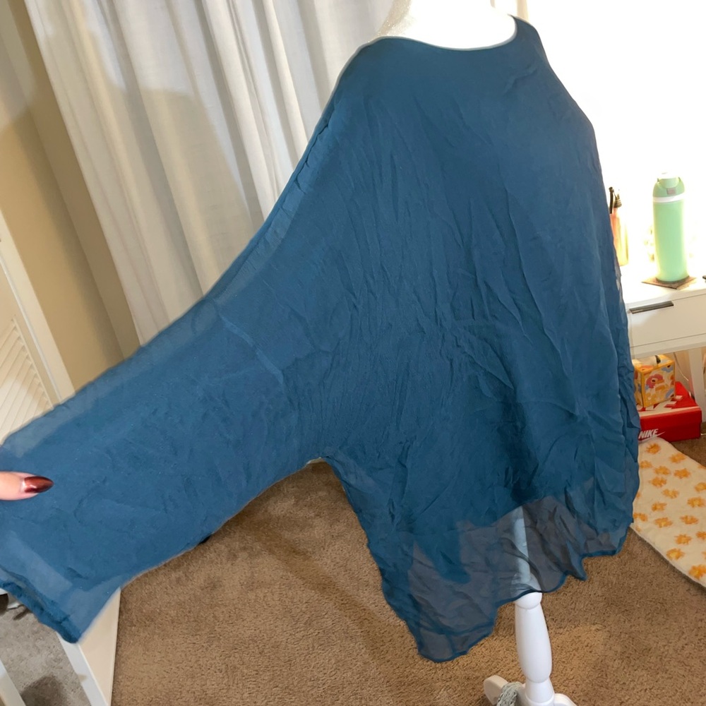 Eskandar Women’s Two Layer Blouse, Sz 2, Teal 100% Silk